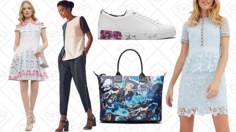 Deonny Window Box Skater Dress, $201 | Shoula Piped Jogger Pants, $112 | Barrica Printed Sole Sneakers, $101 | Luciel Blue Lagoon Large Tote, $105 | Dixa Layered Lace Dress, $232